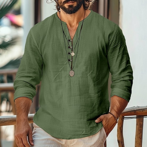  Voor heren Overhemd Linnen overhemd Zomer overhemd Strand hemd Effen Kleur Vakantie Casual Zwart Wit blauw Groen Lange mouw Henley Zomer Lente Kleding
