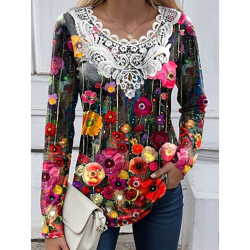  Blouse femme tunique en dentelle splicing col en V à manches longues graphique floral plantes vintage col crew tops réguliers quotidienne sortie weekend impression patchwork noire rouge bleu ciel