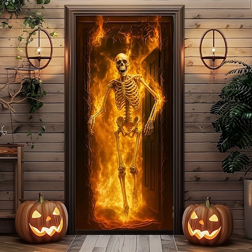  Halloween Dörrcover – Eldig Skelett i Lågor Spökhus Entré Banner Skrämmande Utomhus  Inomhus Dekoration för 2025 Halloween Sovrum Vardagsrum Badrum