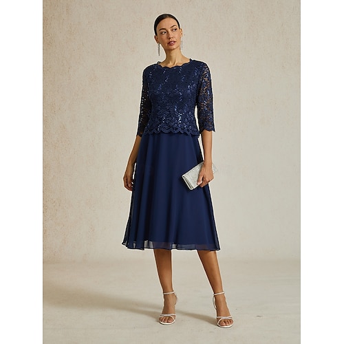  Femmes Robe Midi Robe en Chiffon Élégant Fête Anniversaire Coupe régulière Couleur Unie Manche 3/4 Col ras du cou bleu marine Été Printemps Automne