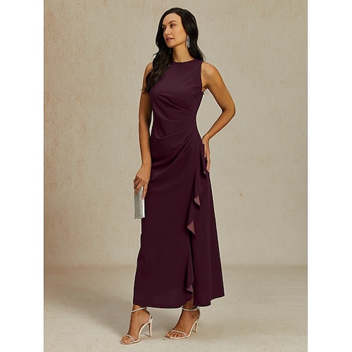  Damen Maxikleid Etui-Kleid Faltenkleid Rüschenkleid Elegant Party Halbformelle Kleider Hochzeitsgast Abendgesellschaft Abschlussfeier Einfarbig Ärmellos Rundhalsausschnitt U-Boot-Ausschnitt