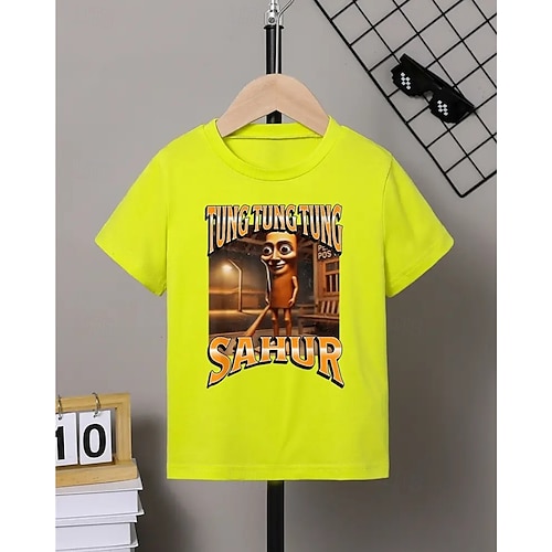  Blå pojk-t-shirt med tecknad figurtryck - tung tung tung sahur-design kortärmad sommar vår mode bas barn 4-12 år rund hals utomhus casual daglig normal passform