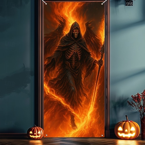  Halloween Dörrcover – Eldig Skelett i Lågor Spökhus Entré Banner Skrämmande Utomhus  Inomhus Dekoration för 2025 Halloween Sovrum Vardagsrum Badrum