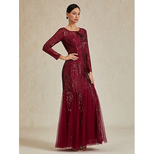  Damen Maxikleid Trompeten- Meerjungfrauenkleid Elegant Party Formell Cocktailparty Normale Passform Einfarbig Langarm Rundhalsausschnitt Burgunderrot Frühling Herbst Winter