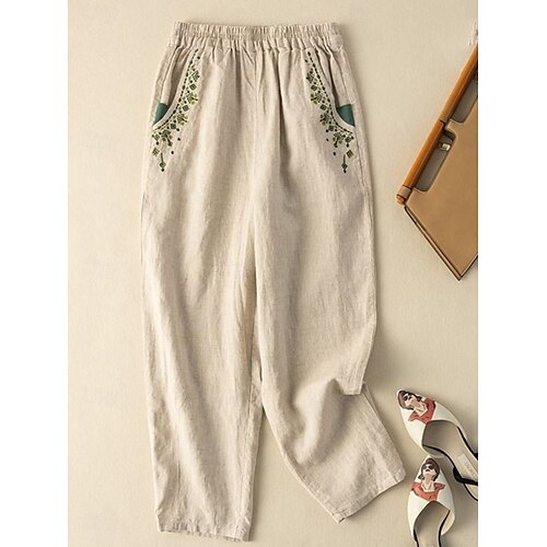  Per donna Pantaloni in cotone e lino Chinos Moda Essenziale Lunghezza intera Vita Alta Floreale Ricamato Comodità All'aperto Micro-elastico Vacanza Streetwear Quotidiano Bianco Giallo Albicocca Caffè