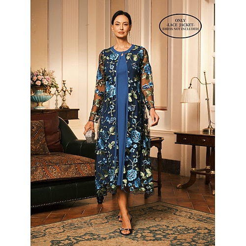  Femmes Manteau Respirant Dentelle Broderie Élégant Fleuri Formel Mariage Soirée Long Col Rond Coupe Ample manche longue Vêtements d'extérieur Gris Rose Noir Rouge Bordeaux Été Printemps