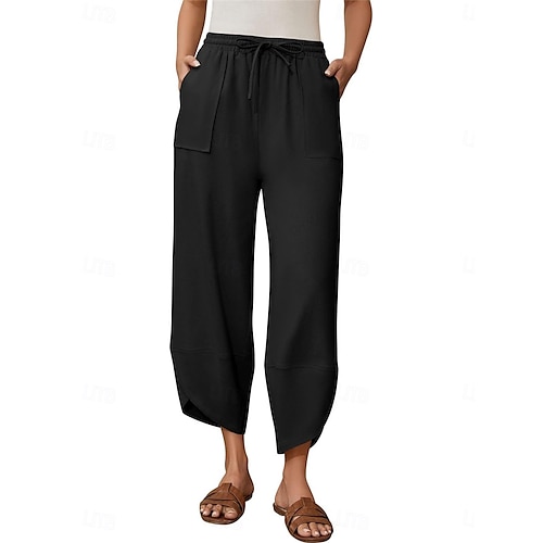  Damen Hose aus Baumwollleinen Chinos Mode Basic Volle Länge Hohe Taille Einfach Tasche Kordelzug Komfort Außenbereich Mikroelastisch Urlaub Straße Täglich Armee-Grün Schwarz Blau Khaki Sommer