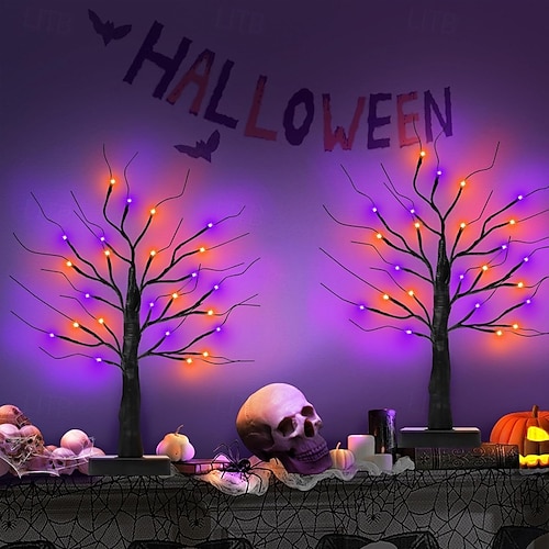 1 Pack 21.65 Inch Black Halloween Tree with Orange Purple Lights