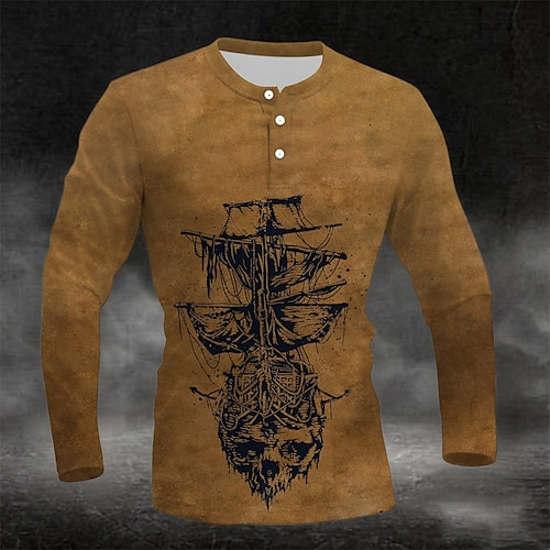  Herren Grafik Vintage Segelboot Henley Hemd Langarm Mode Niedlich Täglich Lässig Ferien Ausgehen Frühling & Herbst Dunkelgrau Blau Grün Burgunderrot Purpur Henley Henley T-Shirt