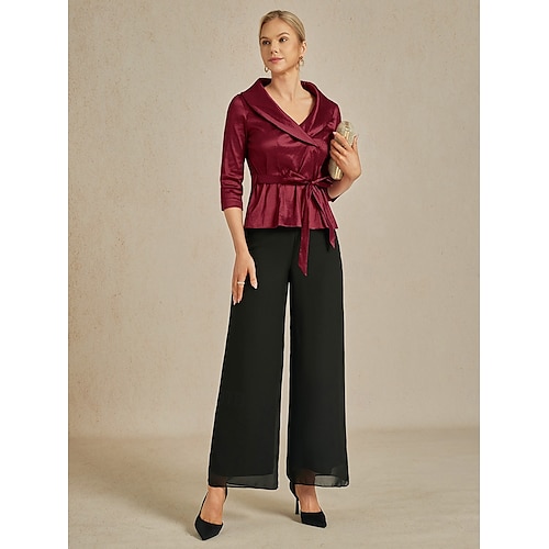  Women's Blouse Evening Tops Elegant Metallic Stylish 3/4 Length Sleeve V Neck Regular Tops Wedding Guest Evening Party Semi Formal Tie Front Wine Spring, Fall, Winter, Summer