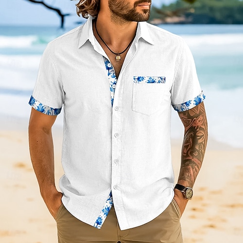  Voor heren Overhemd Linnen overhemd Zomer overhemd Strand hemd Ruitjes Vakantie Casual Wit Blozend Roze Marineblauw Licht Blauw Korte mouw Kraag Zomer Kleding