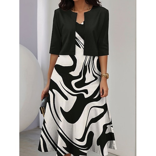  Femmes Robe Ensemble Robe trapèze Robe d'été Occasionnel Robes semi-formelles Graphique Géométrie Imprimé Robe Midi Demi Manches Col en V Vacances Date Noir Vin Vert Printemps Automne Coupe régulière