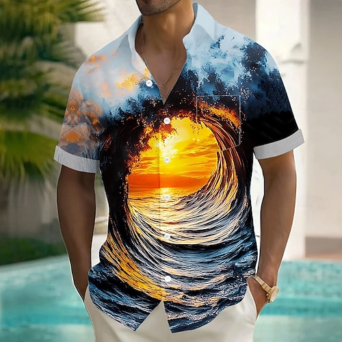 Men's Optical Illusion Ocean Sunset Shirt Summer Shirt Button Up Shirt Short Sleeve Fashion Casual Vacation Holiday Streetwear Summer Turndown 3D Print Front One Pocket Linen Like Shirt Light Blue