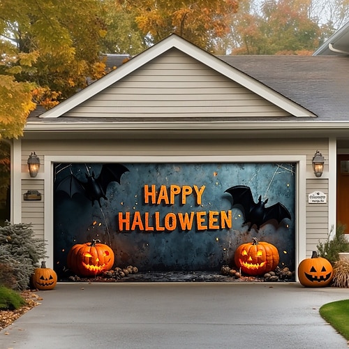  Halloween Garagentorabdeckung Banner Hintergrund – "Frohes Halloween" Szene mit Kürbissen und Fledermäusen übergroß für Garagentore inkl. einfach aufzuhängende Hardware Außendekoration für Halloween
