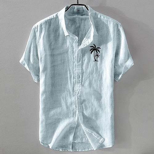  Herr Linneskjorta Minimalistisk Aloha skjorta Casual skjorta Linneskjorta i bomull Knapp upp skjorta Kokosnötsträd Semester Gata Vit Mörk marin Himmelsblå Kaki Kortärmad Kavajslag Sommar Kläder