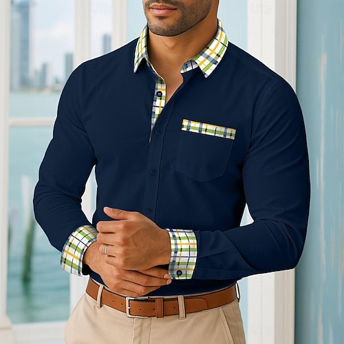  Hombre Camisa Camisa de verano Camisa casual Abotonar la camisa Bloque de color Vacaciones Negocio Blanco Amarillo Azul Marino Verde Trébol Manga Larga Cuello Primavera & Otoño Todas las Temporadas