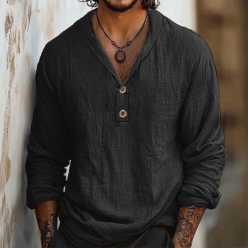  Men's Shirt Linen Shirt Popover Shirt Summer Shirt Beach Wear Solid Color Vacation Street Black Sky Blue Khaki Long Sleeve Collar Summer Spring Clothing Apparel
