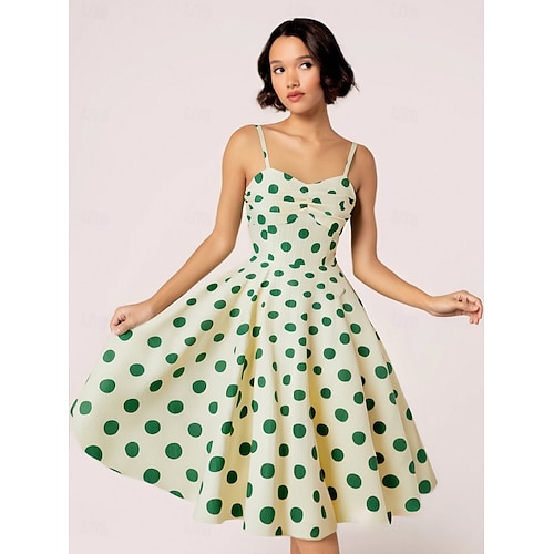 Retro Vintage 1950s Hepburn Knee Length Dress Swing Dress Flare Dress Spaghetti Strap Polka Dot Checkered Gingham A-Line Fancy Dress Women's Carnival