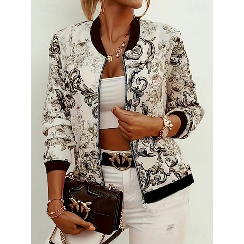 Damen Freizeitjacke Warm Bequem Druck Aktiv Vintage Retro Blumen Party Lässig Athleisure Alltagstauglich Kurz Stehkragen Normale Passform Langarm Oberbekleidung Hell Gray Herbst Winter Damen Freizeitjacke Warm Bequem Druck Aktiv Vintage Retro Blumen Party Lässig Athleisure Alltagstauglich Kurz Stehkragen Normale Passform Langarm Oberbekleidung Hell Gray Herbst Winter