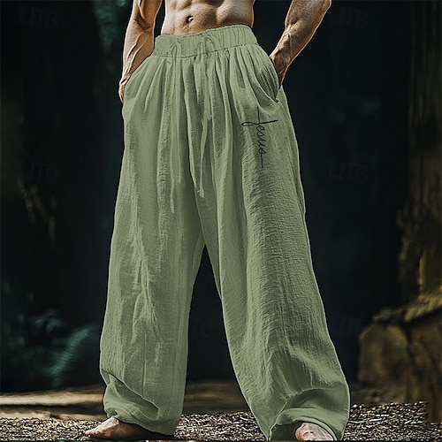  Men's Linen Pants Trousers Summer Pants Beach Pants Pocket Elastic Waist Drawstring Plain Comfort Breathable Vacation Daily Holiday Hawaiian Boho Black White