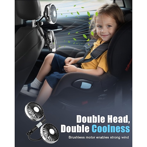  USB Car Fan for Backseat, Dual Rearseat Fans for Kids Separated Controlled Heads and 2 LED Lights 360 Rotatable Cooling 3 Speeds Auto Cooler for Car