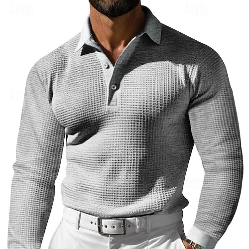 Homme Chemises Polo Gaufre Chemise de golf Rue Occasionnel Revers manche longue Basique Moderne Uni Texturé Boutons Printemps Automne Toutes saisons Coupe régulière Noir Blanche Jaune Bleu Rouge Grise