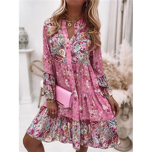 Per donna Mini Abito Vestito Casual Abito Boho Abito Primaverile Vacanza Streetwear Vacanza Streetwear Ferie Vestibilità regolare Floreale Manica Lunga Collo a Spacco Rosa Blu Verde Estate Primavera