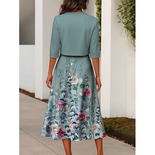  Ensemble de robes pour femmes en deux pièces robe midi avec veste élégante robe en A manches mi-longues robe décontractée semi-formelle imprimé floral ombragé encolure en V rendez-vous rose bleue