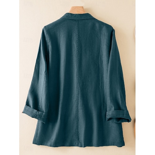  Blazer feminino de algodão e linho, confortável, respirável, com bolso, casual, liso, para escritório, casual, uso diário, abotoamento simples, regular, abertura para baixo, ajuste regular, manga comprida, agasalho branco, verde, bege, verão