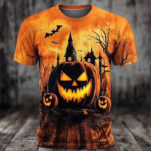  Halloween Herren Kürbis 3D T Shirt Kurzarm T-Shirt 3D-Druck Rundhalsausschnitt Hemd Übertrieben Designer Horror Party Straße Lässig Orange 3 Orange Orange 2 Sommer Frühling Herbst Bekleidung S M L XL