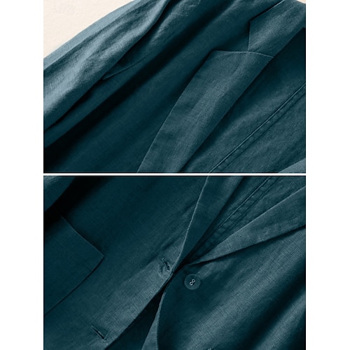  Blazer feminino de algodão e linho, confortável, respirável, com bolso, casual, liso, para escritório, casual, uso diário, abotoamento simples, regular, abertura para baixo, ajuste regular, manga comprida, agasalho branco, verde, bege, verão