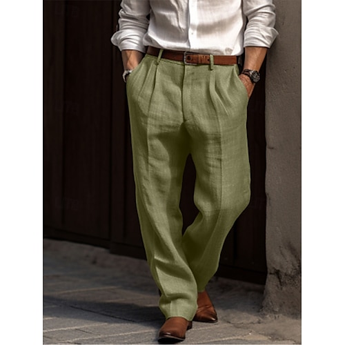  Męskie Lniane spodnie Spodnie Letnie spodnie Plisowane spodnie Sukienki Przednia kieszeń Prosta noga Równina Komfort Oddychający Codzienny Święto Moda Podstawowy Czarny Biały