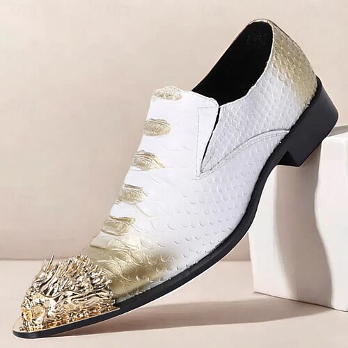 Men's White and Gold Genuine Cowhide Loafers with Studded Metal Toe Modern Punk Style Dress Shoes for Nightlife Parties Stage Performances 2026 - $119.99 Men's White and Gold Genuine Cowhide Loafers with Studded Metal Toe Modern Punk Style Dress Shoes for Nightlife Parties Stage Performances 2026 - $119.99