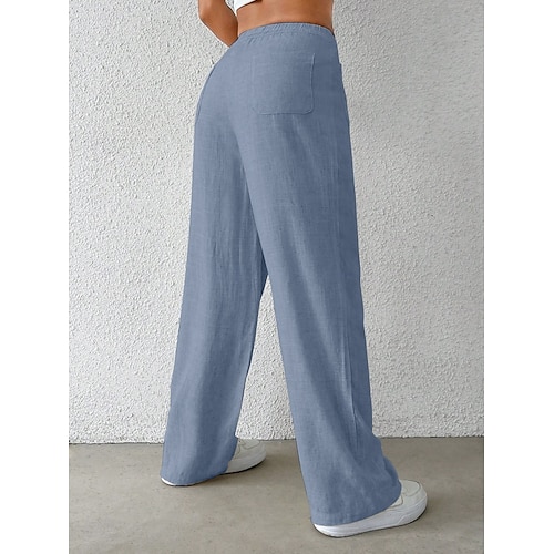  Mulheres Perna larga chinês Moda Básico Casual Comprimento total Cintura Média Côr Sólida Bolsos Conforto Exterior Sem Elasticidade Férias Rua Diário Preto Branco Azul Damasco Verão Primavera Outono