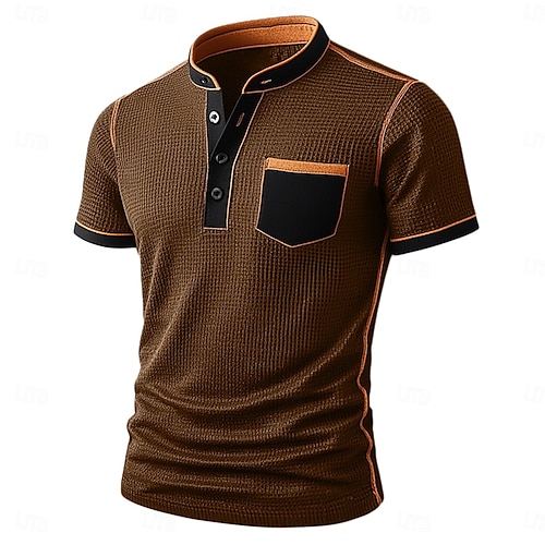  Men's Waffle Henley Shirt Tee Short Sleeve Solid Color Plain Fashion Designer Comfortable Color Block Buttons Henley Outdoor Casual Daily Summer All Seasons Black Navy Blue Brown Henley T-Shirt