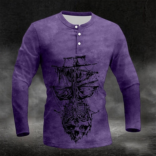  Herren Grafik Vintage Segelboot Henley Hemd Langarm Mode Niedlich Täglich Lässig Ferien Ausgehen Frühling & Herbst Dunkelgrau Blau Grün Burgunderrot Purpur Henley Henley T-Shirt