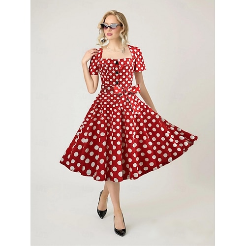Polka Dots Retro Vintage 1950s Grease Outfits Midi Dress Swing Dress Flare Dress  Polka Dot A-Line Fancy Dress Women's Carnival Masquerade Prom Tea Party  Retro Theme Party Adults' Dress Spring \u0026 Summer