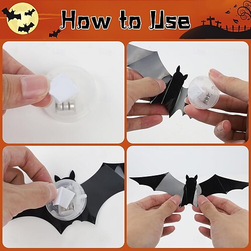  Veggdekorasjon med halloween-flaggermus, opplyste 3D-flaggermusklistremerker i assorterte størrelser til halloween-fest, vindusdekorasjoner for soverom, klistremerker til innendørs og utendørs bruk