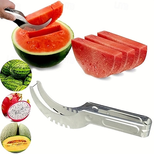 Affettatrice per anguria in acciaio inox, taglia-frutta veloce, multifunzionale, coltello per anguria in acciaio inox, affetta-melone, divisore per frutta, utensile da cucina per melone, melone verde,