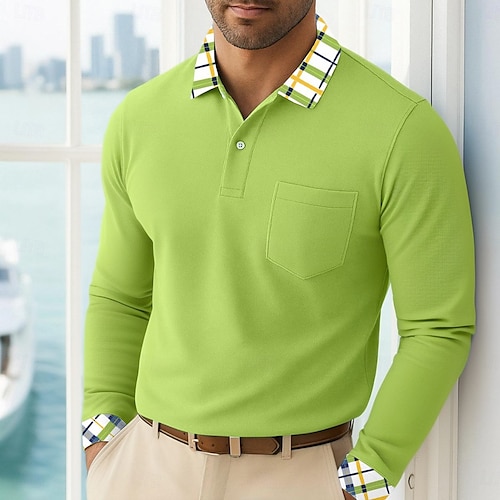  Hombre Camisetas polo Camisetas polo de golf Negocio Casual Diseño Clásico Manga Larga Moda Básico Color sólido Bolsillo Otoño Invierno Ajuste regular Verde Trébol Camisetas polo