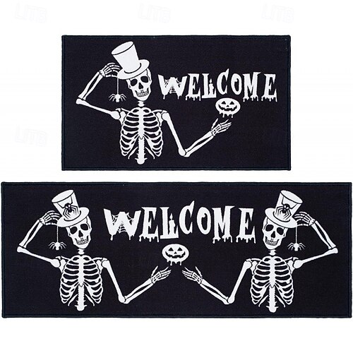 Halloween-Küchenteppich-Set – Zombie/Skelett-Design, 50x120 Cm & 50x70 Cm, Rutschfest, Gepolstert