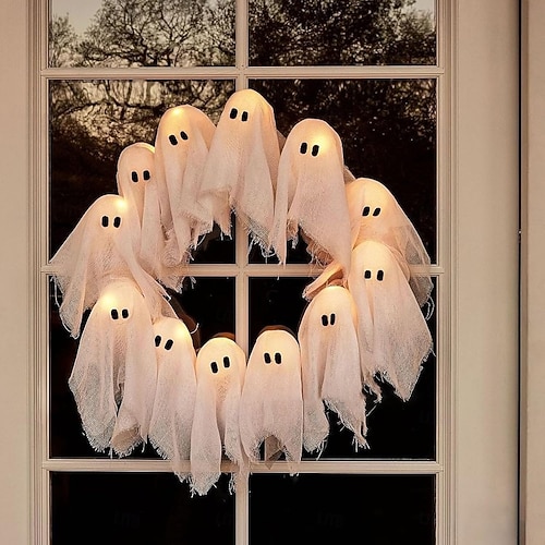 Couronne de fantômes d'Halloween, guirlande lumineuse fantôme blanche à 12 LED, décoration d'intérieur effrayante &Décoration d'extérieur à suspendre pour porte d'entrée, mur, fête, décoration