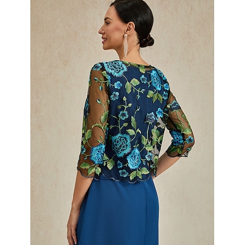  Damen Strickjacke Spitze bestickt elegant Basic lässig geblümt formell kurz Rundhalsausschnitt lockere Passform 3/4-Ärmel Oberbekleidung Marineblau Sommer Frühling