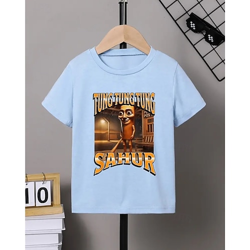  Blå pojk-t-shirt med tecknad figurtryck - tung tung tung sahur-design kortärmad sommar vår mode bas barn 4-12 år rund hals utomhus casual daglig normal passform