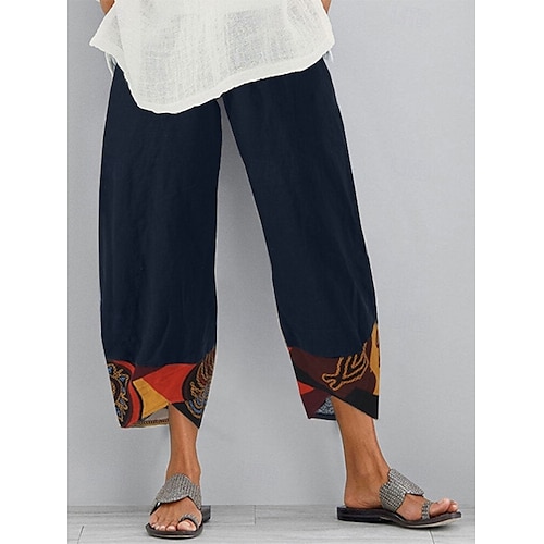  Damen Stoffhosen Hosen Hose Urlaub Vintage Ethno-Stil Volle Länge Hohe Taille Blumen Grafik Geometrisch Elastischer Bund Bequem Atmungsaktivität Weich Unelastisch Outdoor Straße Täglich Schwarz