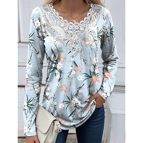  Blouse femme tunique en dentelle splicing col en V à manches longues graphique floral plantes vintage col crew tops réguliers quotidienne sortie weekend impression patchwork noire rouge bleu ciel