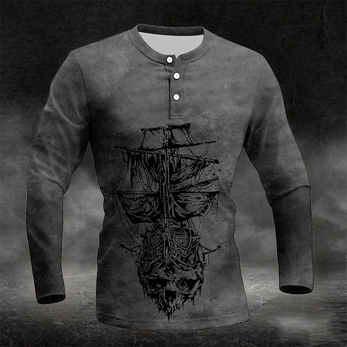  Herren Grafik Vintage Segelboot Henley Hemd Langarm Mode Niedlich Täglich Lässig Ferien Ausgehen Frühling & Herbst Dunkelgrau Blau Grün Burgunderrot Purpur Henley Henley T-Shirt