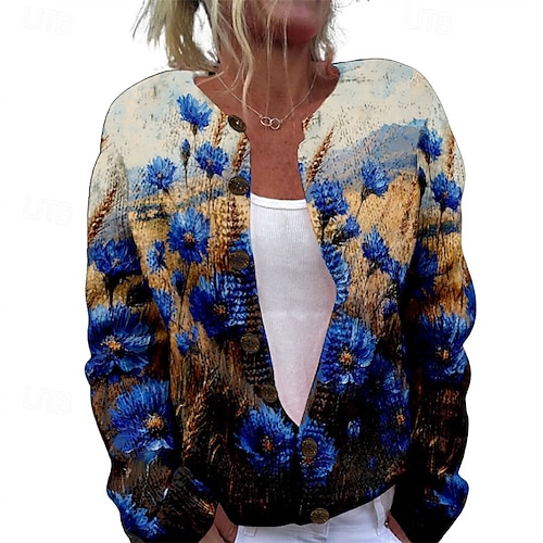 Femmes Pull Cardigan Mode Streetwear Quotidien Papillon Côtelé Ouvert devant Tricoté Imprimé manche longue Hauts Longs Tricoter Fête Sortir Week-end Blanche Bleu Automne Hiver