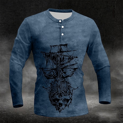  Herren Grafik Vintage Segelboot Henley Hemd Langarm Mode Niedlich Täglich Lässig Ferien Ausgehen Frühling & Herbst Dunkelgrau Blau Grün Burgunderrot Purpur Henley Henley T-Shirt