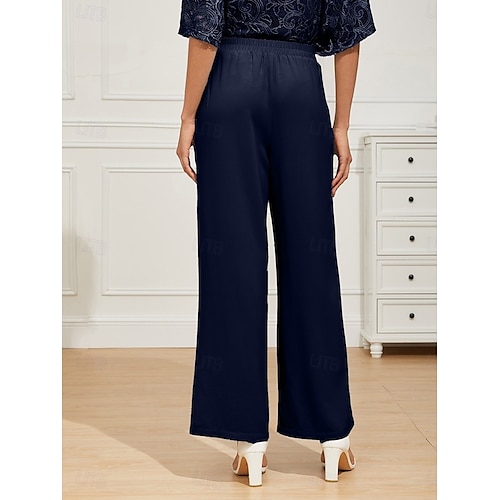  Жен. Широкие Чино Классический Полная длина Завышенная Полотняное плетение Карман Эластичный пояс удобный Мягкий Удобный Слабоэластичная Официальные Свадьба Морской синий Лето Весна Стандартный